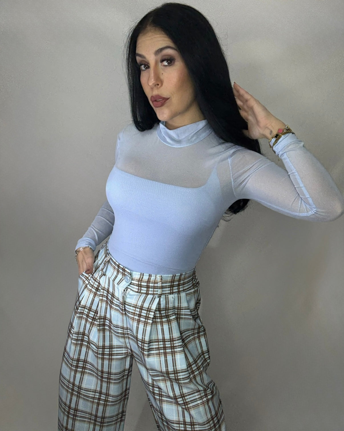 Pantalón cuadros Balloon celeste