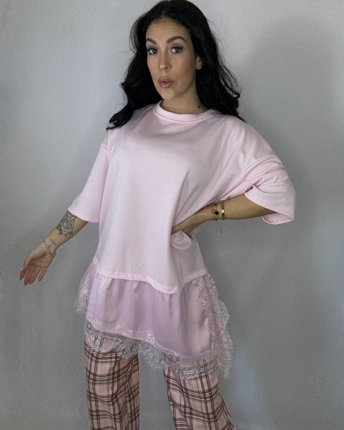 Camiseta encaje seda rosa