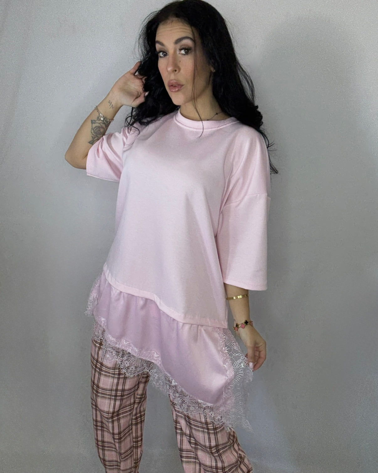 Camiseta encaje seda rosa