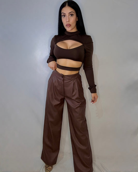 Pantalón polipiel marrón chocolate