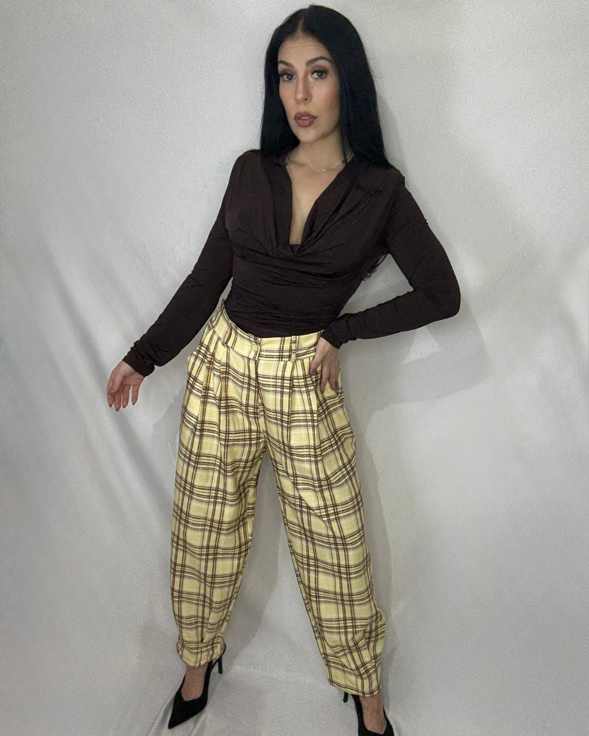 Pantalón balloon cuadros amarillo