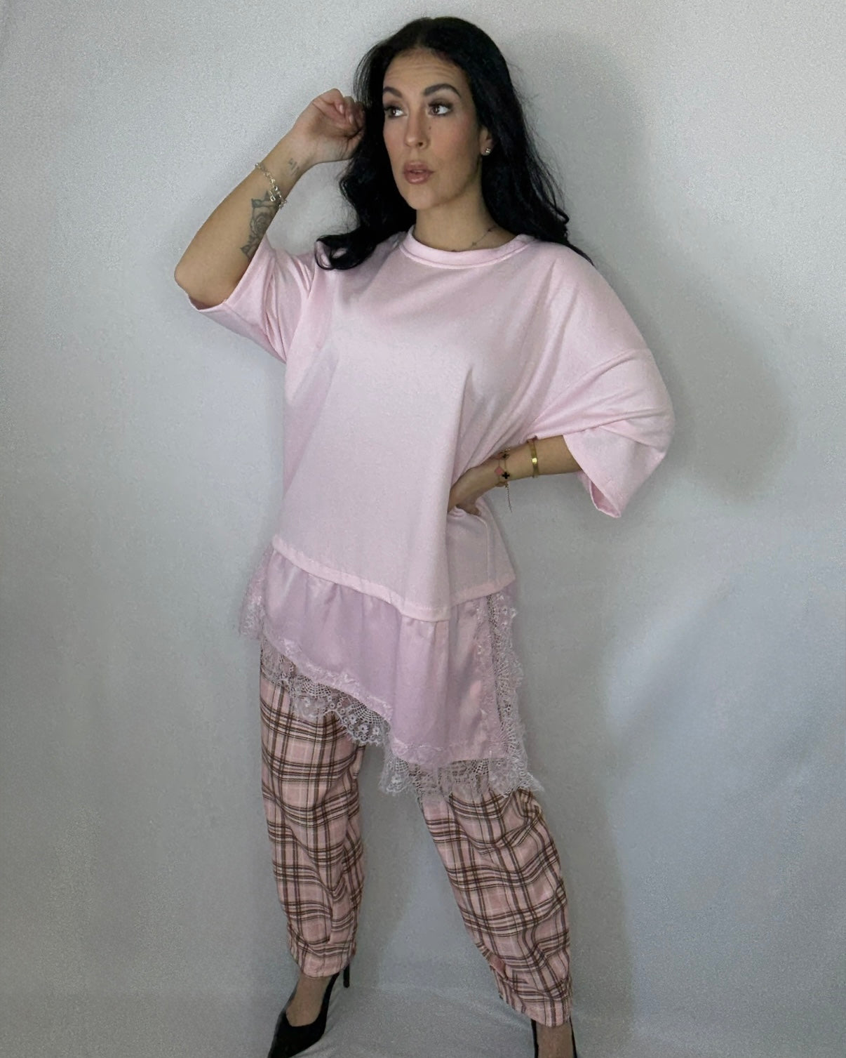 Camiseta encaje seda rosa