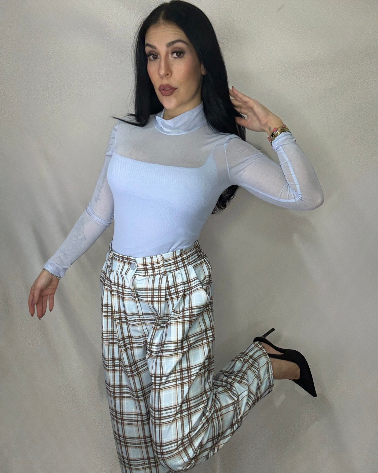 Pantalón cuadros Balloon celeste