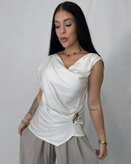 Blusa lino hebilla beige