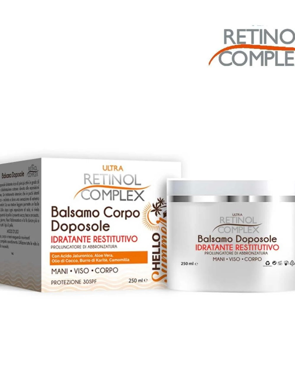 Bálsamo Hidratante para Después del Sol Rostro, Cuerpo y Manos con Ácido Hialurónico Aloe Vera Hello Summer Ultra Retinol Complex